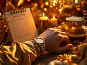 Elegante handen controleren luxe gouden horloge omringd door feestelijke decoraties en kalender in warme verlichting