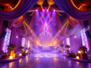 Luxe evenementenlocatie met paarse en gouden verlichting, draperieën, verlichte zuilen en bloemstukken op gepolijste vloer