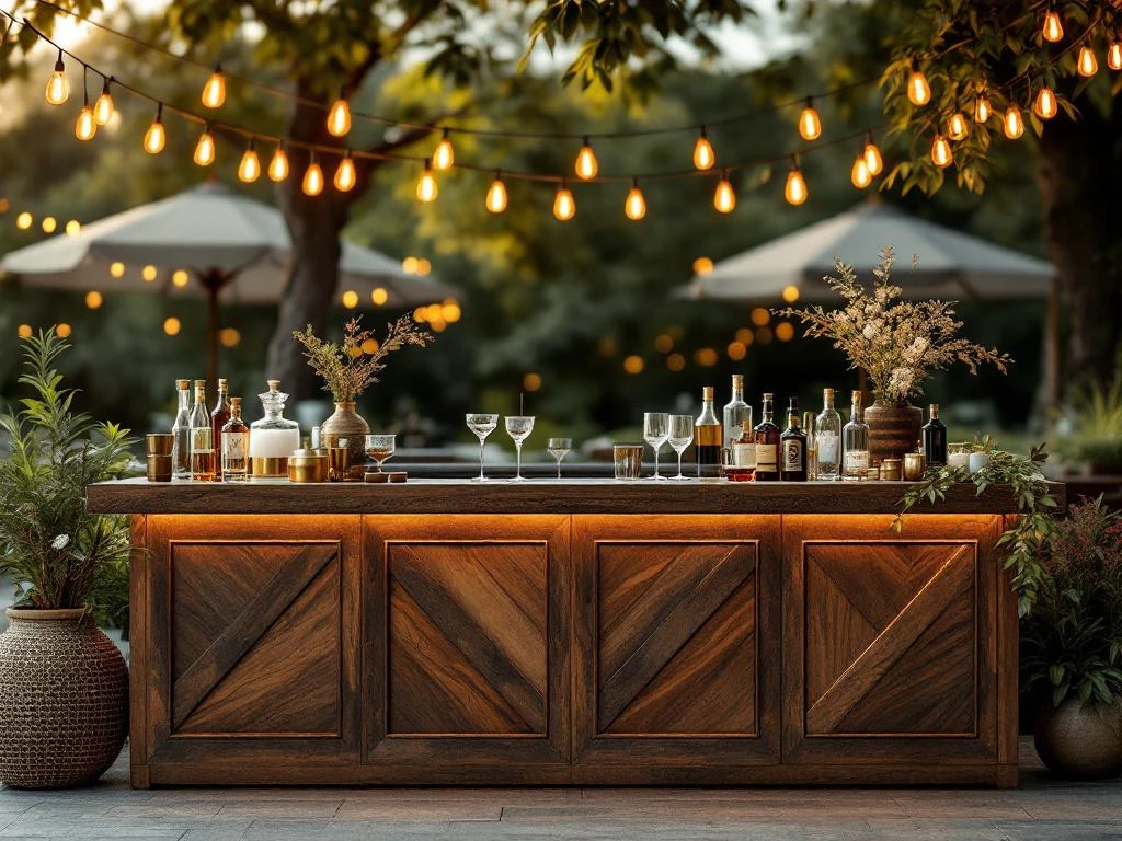 Luxe outdoor evenementenbar van gerecycled hout met Edison verlichting en premium glaswerk voor feesten