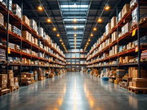 Georganiseerd magazijn met industriële stellingen vol festivaldecoraties en evenementmaterialen in gelabelde dozen