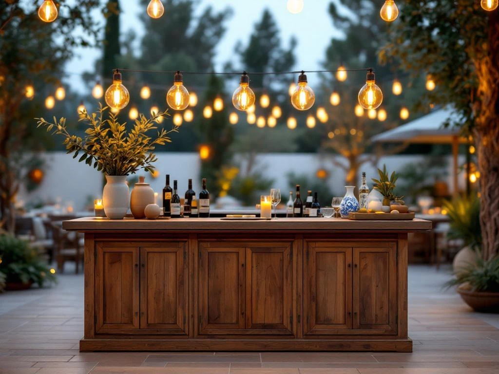 Mediterraanse houten bar met olijfhout, terracotta tinten en Edison verlichting bij elegante buitenevenement