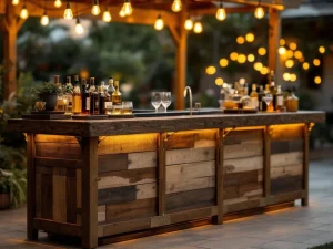 Modulair houten barsysteem met koperen beslag en Edison verlichting in elegante buitenomgeving 's avonds