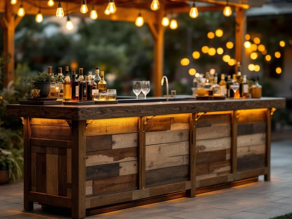 Modulair houten barsysteem met koperen beslag en Edison verlichting in elegante buitenomgeving 's avonds