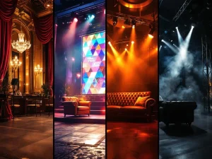 Vier muziekdecor thema's: klassieke concertzaal met kroonluchters, festival LED-installaties, jazz club sfeer, rock podium