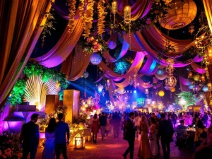 Nachtelijk festival met kleurrijke LED-verlichting, paarse en gouden decoraties, en artistieke sculpturen onder lichtslinger