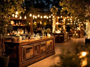 Elegante buitenevenement met meerdere bar opstellingen, rustiek hout, Edison verlichting en luxe ambiance