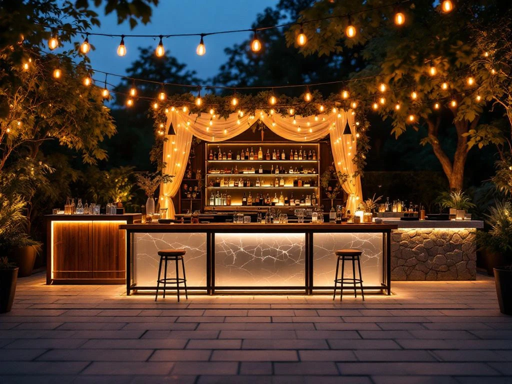 Drie verschillende bars bij avondevenement: vintage houten bar, moderne acryl bar en rustieke stenen bar met sfeerverlichting