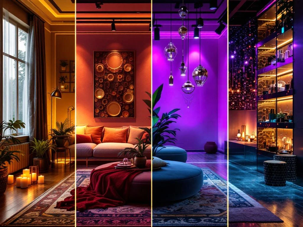 Vier kamers met verschillende sfeerverlichting: warme woonkamer met gouden licht en moderne evenementenruimte met paars licht