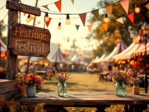 Vintage festival met houten borden, slingerverlichting, kleurrijke vlaggetjes en wildbloemenpotten in gouden uurtje