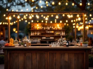 Vintage houten bar met Edison lampen en koperen accenten op elegant buitenevenement, warme sfeerverlichting