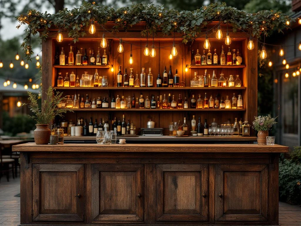 Vintage houten bar met messing details, Edison verlichting en antiek glaswerk voor elegante buitenevenement