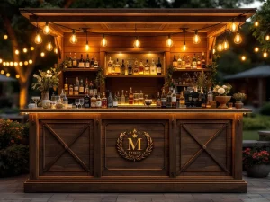 Vintage houten bar met Edison verlichting en premium drankflessen bij elegant buitenevenement