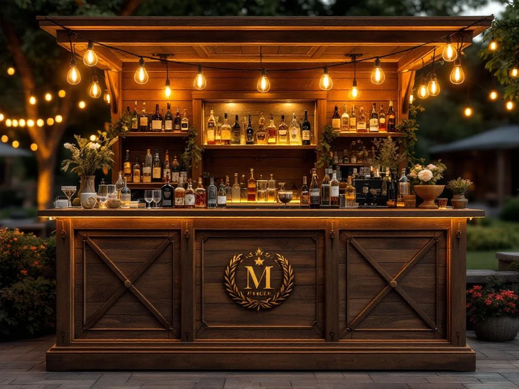 Vintage houten bar met Edison verlichting en premium drankflessen bij elegant buitenevenement