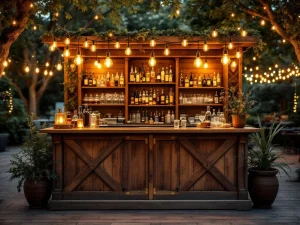 Vintage houten bar met Edison verlichting en messing accenten op elegant buitenevenement 's avonds