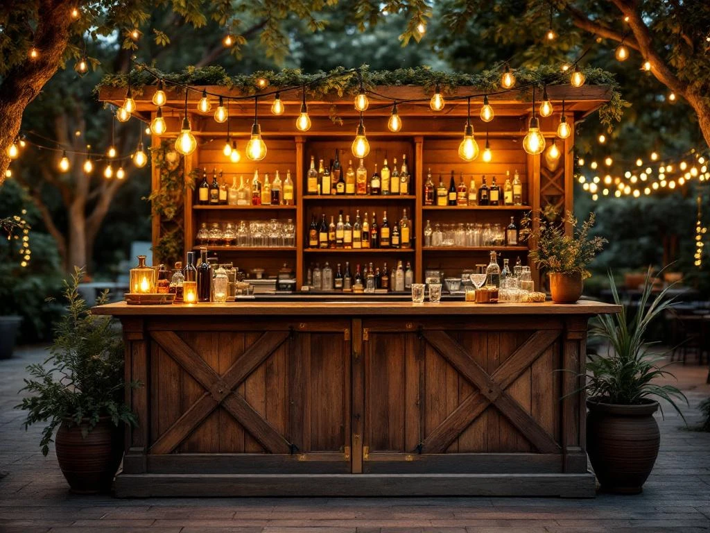 Vintage houten bar met Edison verlichting en messing accenten op elegant buitenevenement 's avonds