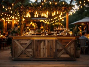 Vintage houten bar met Edison verlichting en messing accenten op elegant buitenevenement met warme sfeerverlichting