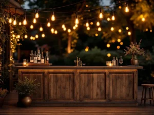 Vintage houten bar met Edison lampen en premium flessen op elegant outdoor evenement met warme sfeerverlichting
