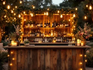 Vintage houten bar met Edison lampen en bloemen op elegant buitenevenement tijdens avond