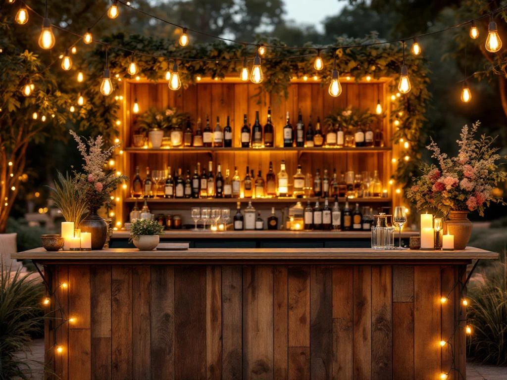 Vintage houten bar met Edison lampen en bloemen op elegant buitenevenement tijdens avond