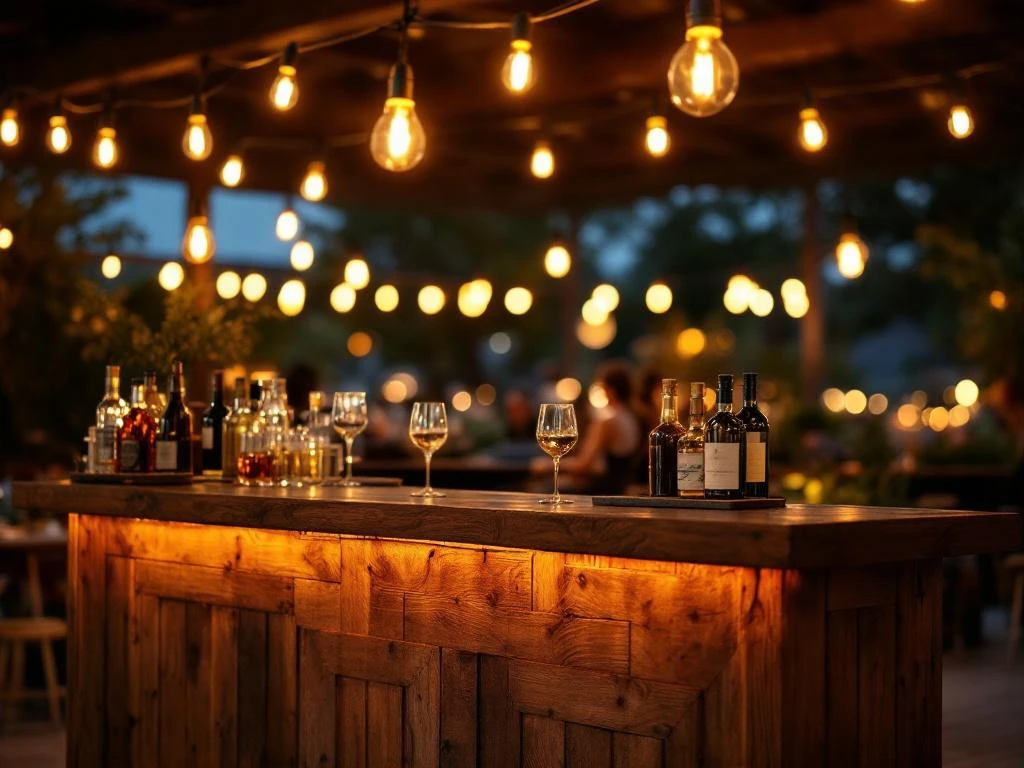 Vintage houten bar met Edison verlichting en premium flessen bij elegant buitenevenement 's avonds