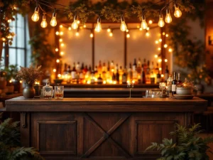 Vintage houten bar met Edison lampen en messing accenten op elegante indoor avondevenement met warme sfeerverlichting