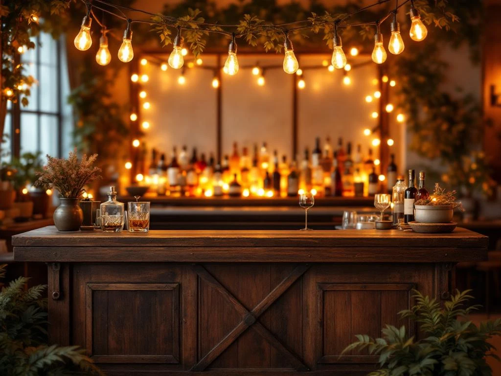 Vintage houten bar met Edison lampen en messing accenten op elegante indoor avondevenement met warme sfeerverlichting