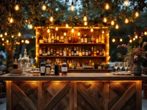 Vintage houten bar met Edison verlichting en premium flessen bij elegant buitenevenement in de avond