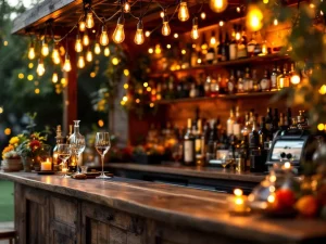 Vintage houten bar met Edison lampjes en kristallen glazen op elegant buitenevenement in warme amberkleurige verlichting