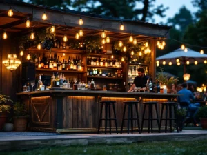 Vintage houten bar met Edison verlichting en messing accenten op elegant buitenevenement met warme sfeerverlichting