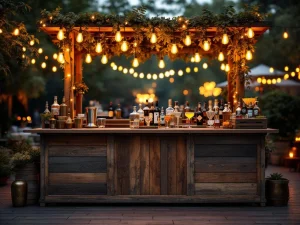 Vintage houten bar met Edison lampen en messing accenten op elegant buitenevenement 's avonds