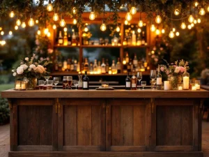 Vintage houten bar met Edison lampen en kristallen glazen op elegant buitenevenement met warme sfeerverlichting