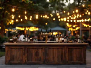 Vintage houten bar met Edison lampen en biertap op elegant buitenevenement, warme sfeerverlichting en bokeh achtergrond