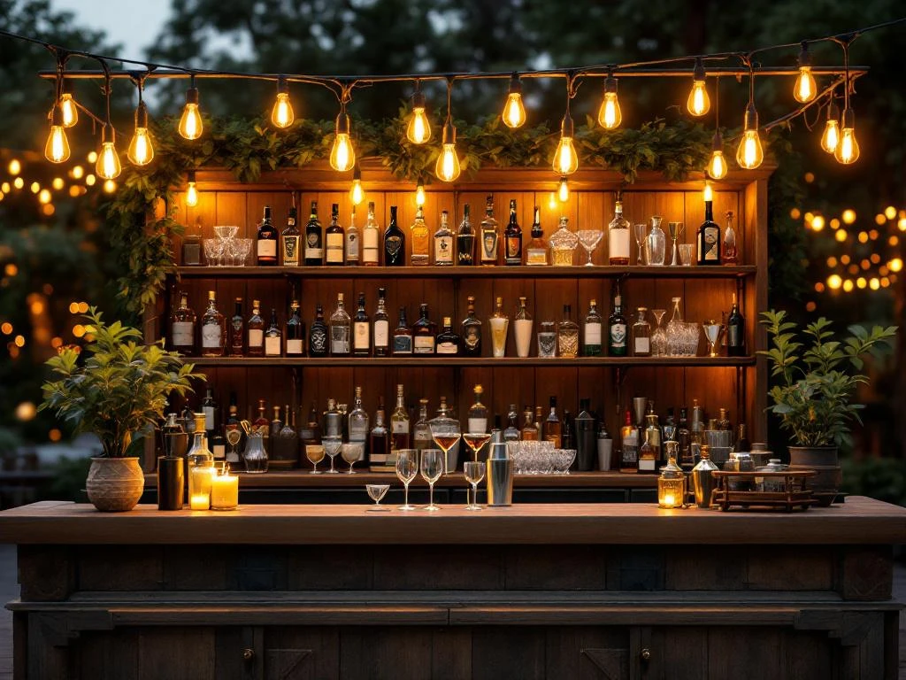 Vintage houten bar met premium flessen en bartools bij elegant buitenevenement met Edison verlichting