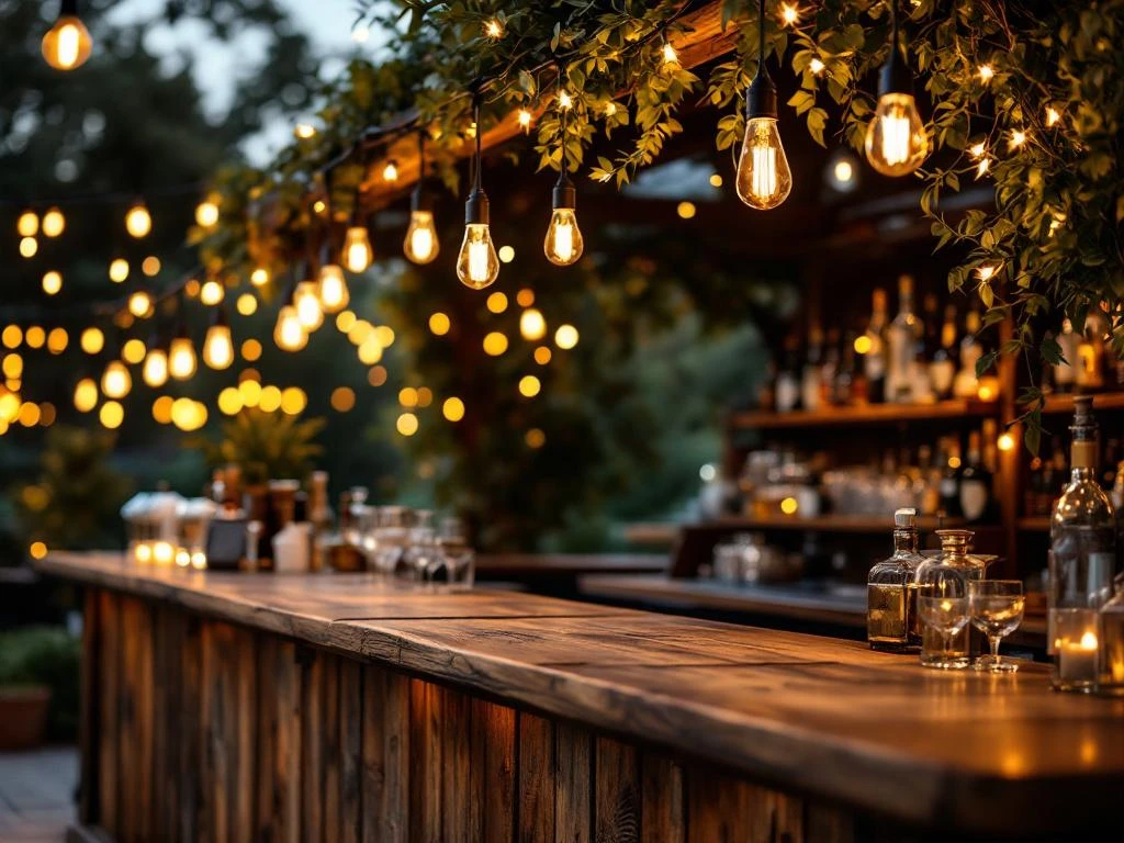 Vintage houten bar met Edison lampen en messing accenten op elegant buiten evenement met warme sfeerverlichting