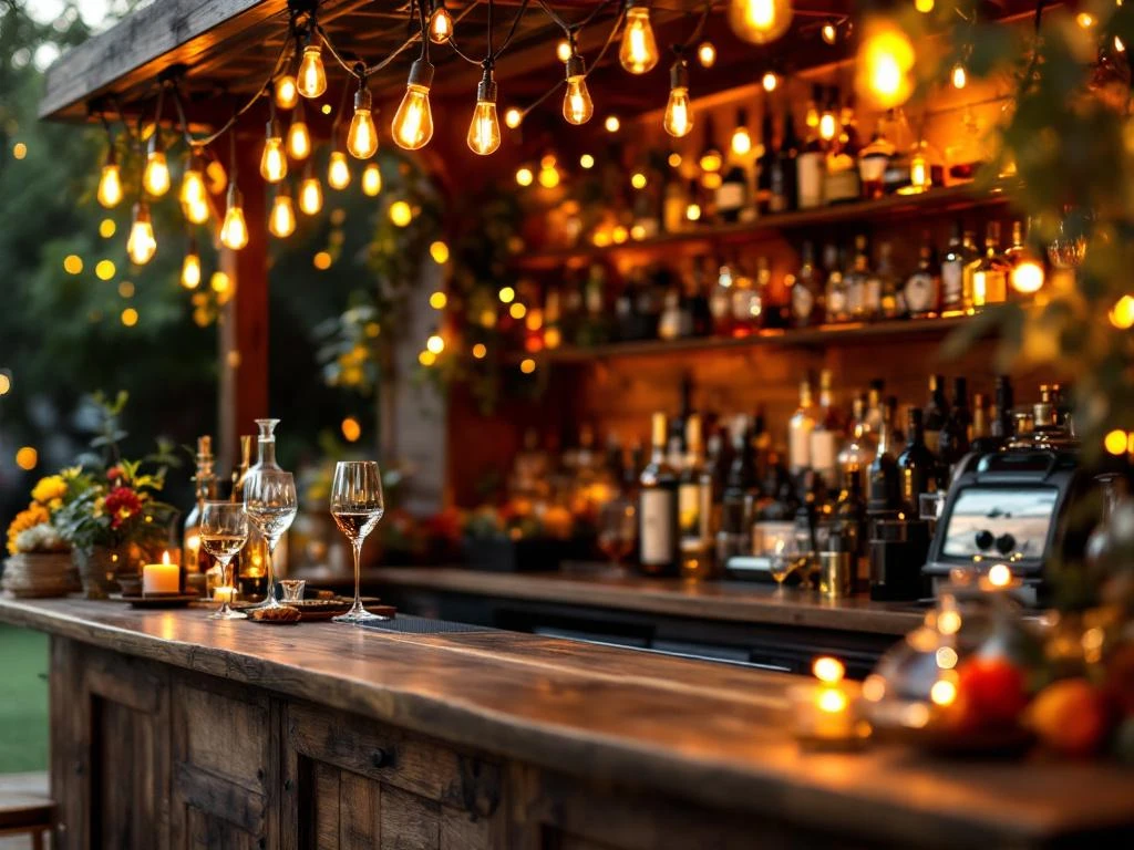 Vintage houten bar met Edison lampjes en kristallen glazen op elegant buitenevenement in warme amberkleurige verlichting
