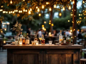 Vintage houten bar met Edison lampen en kristallen glazen op zakelijk outdoor evenement met warme sfeerverlichting