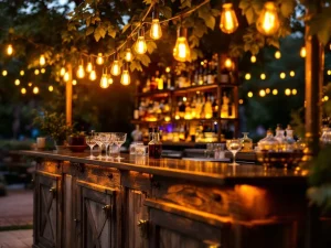 Vintage houten bar met Edison lampenverlichting en kristallen glazen bij luxe buitenevenement