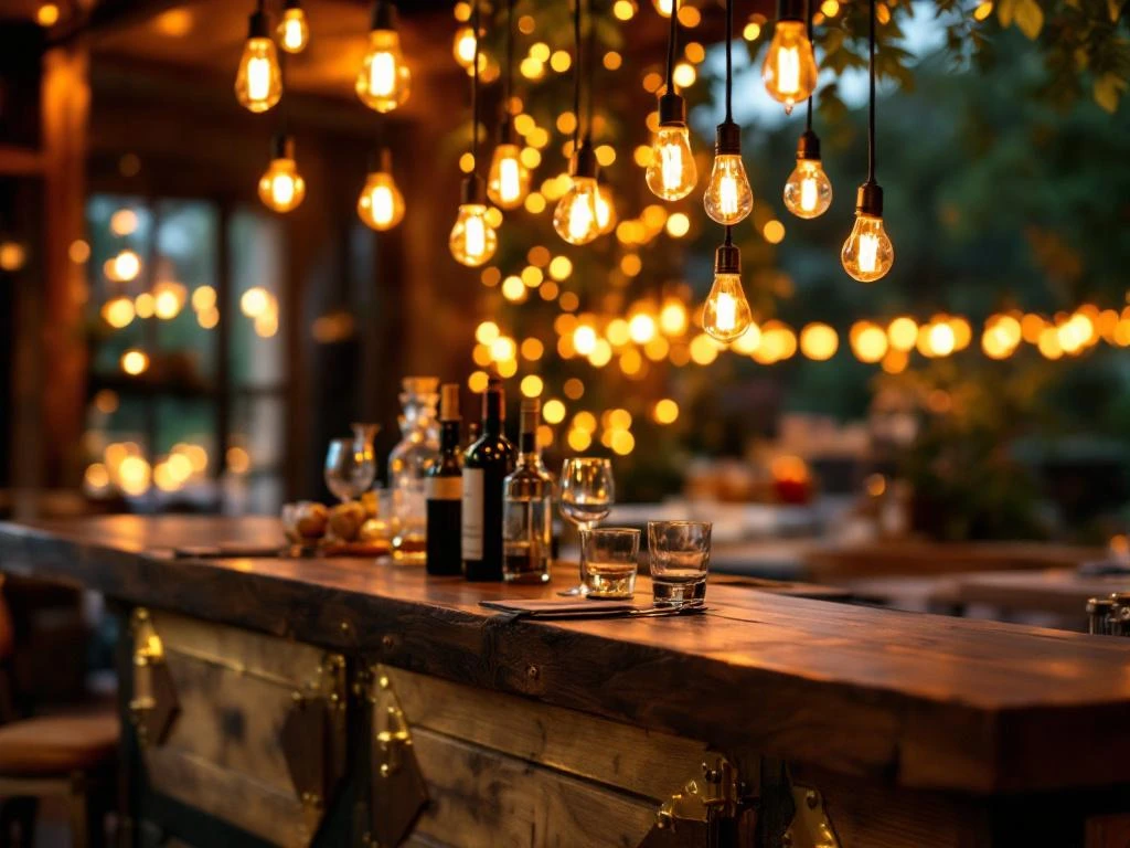 Vintage houten bar met Edison lampen en messing accenten op elegante gala diner locatie met warme verlichting