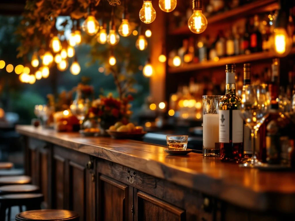 Vintage houten bar met hergebruikt hout, messing hardware, Edison lampen en premium flessen in warme amber tinten