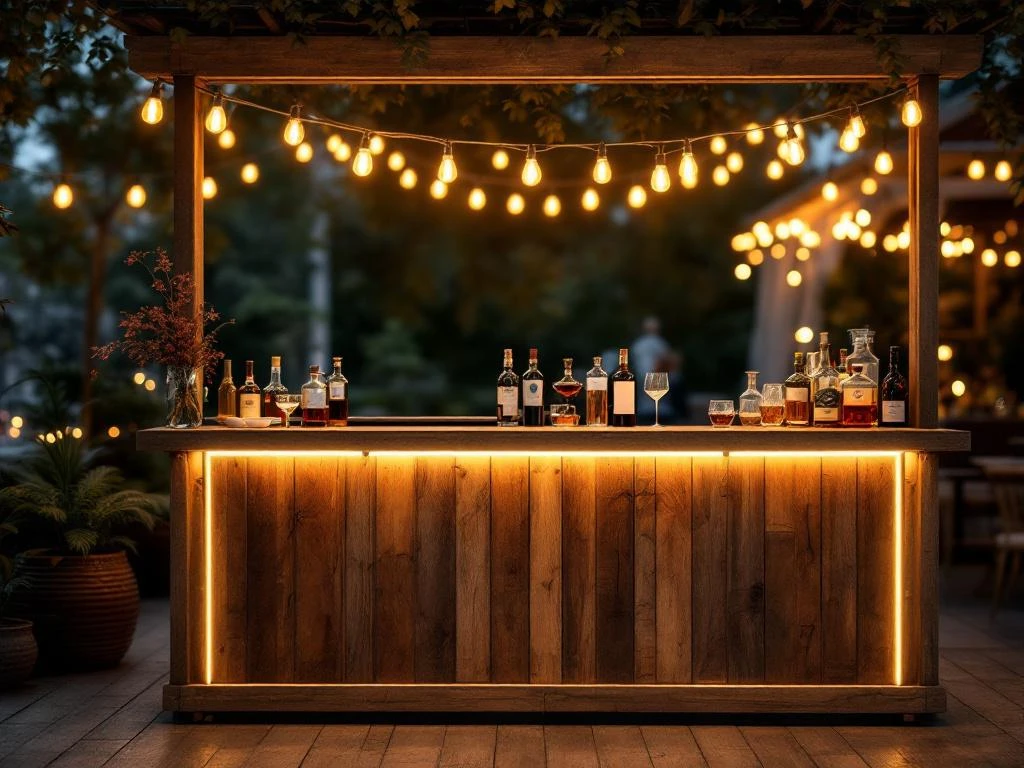 Vintage houten bar met Edison verlichting en LED-accenten op elegant buitenevenement, warme sfeerverlichting