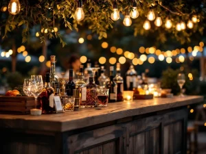 Vintage houten bar met Edison lampen en kristallen glazen op elegant buitenevenement met warme sfeerverlichting