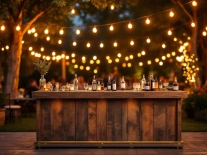 Vintage houten bar met Edison verlichting en premium flessen bij elegant buiten evenement