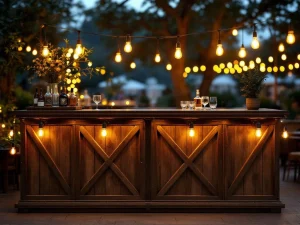 Vintage houten bar met Edison lampen en kristallen glazen op elegant buitenevenement in warme amberlicht