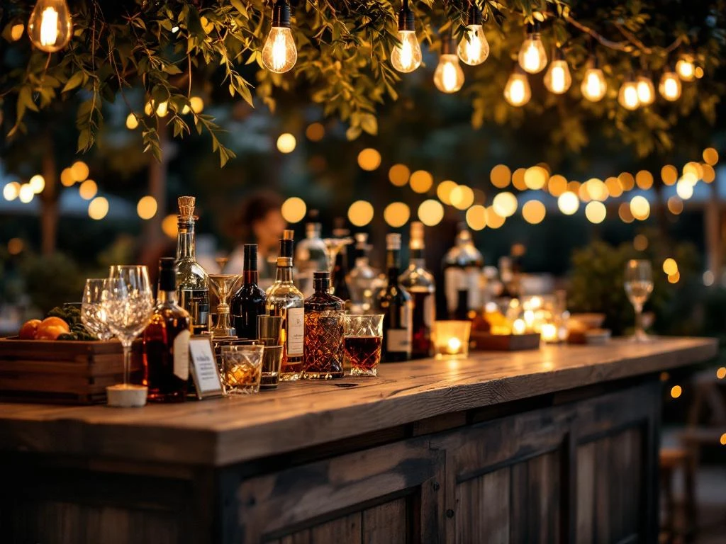 Vintage houten bar met Edison lampen en kristallen glazen op elegant buitenevenement met warme sfeerverlichting