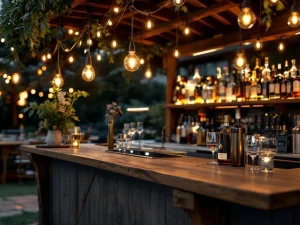 Vintage houten bar met Edison verlichting en moderne betaalterminals op elegant buitenevenement 's avonds