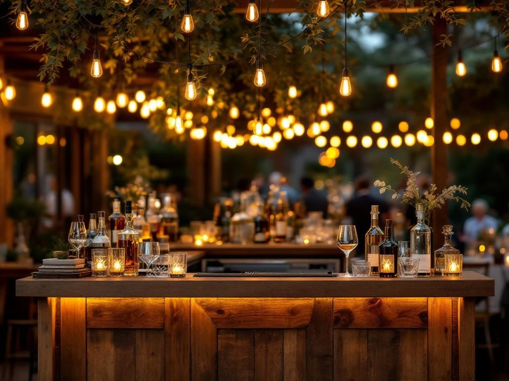 Vintage houten bar met Edison verlichting op elegant outdoor netwerkevenement, premium flessen en kristal glaswerk