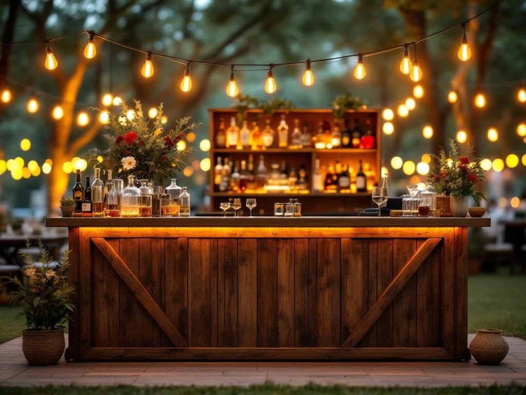 Vintage houten bar met Edison verlichting en koperen accenten op elegant buitenevenement met warme sfeerverlichting