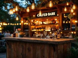 Vintage houten bar met Edison lampen en messing accenten op elegant buitenevenement, warme sfeerverlichting