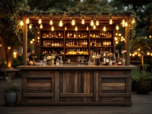 Vintage houten bar met Edison verlichting en messing accenten op elegant buitenevenement 's avonds