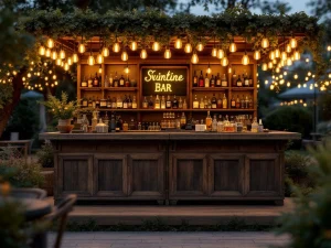 Vintage houten bar met Edison lampen en messing accenten op elegant buitenevenement 's avonds